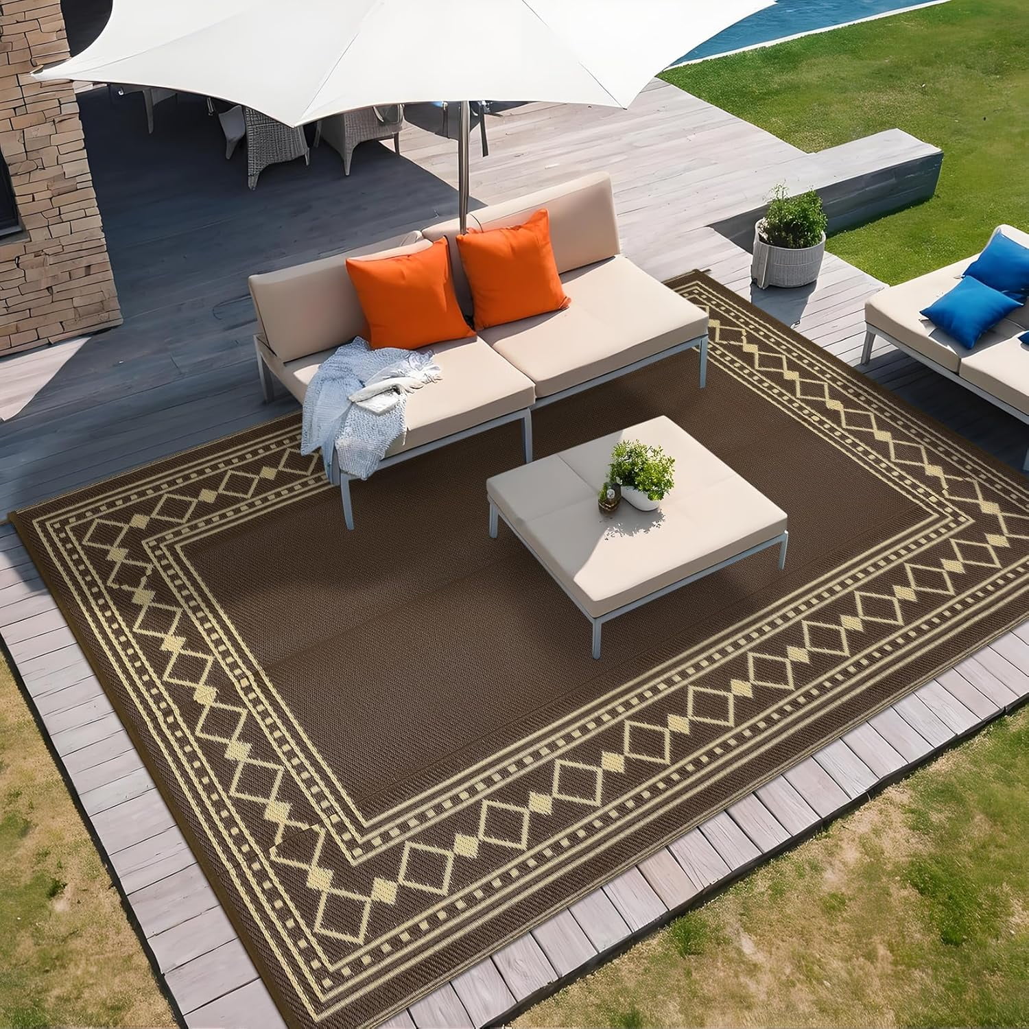 Riedhoff Outdoor Rug 10'x 8', Geometric, Brown & Light Yellow