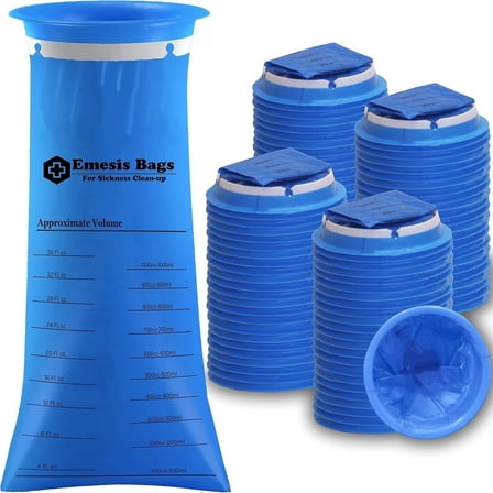 AMQTSLM Vomit Bags Disposable – 100 Pack – 1000ml Emesis Bags – Leak Resistant, Medical Grade, Portable Barf Bags, Puke, Throw up, Nausea Bags for Travel Motion Sickness, Car & Aircraft, Taxi