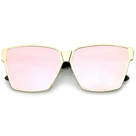 sunglassLA Unisex Oversize Metal Accent Horn Rimmed Colored Mirror Flat Lens Square Sunglasses 63mm (Matte Gold-Black / Pink Mirror) - 63mm