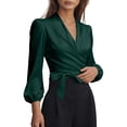 thumbnail image 3 of Oplxuo Lantern Sleeve Satin Shirts for Women V Neck Wrap Tie Side Business Casual Tops Dressy Going Out Tunic Blouse, 3 of 7