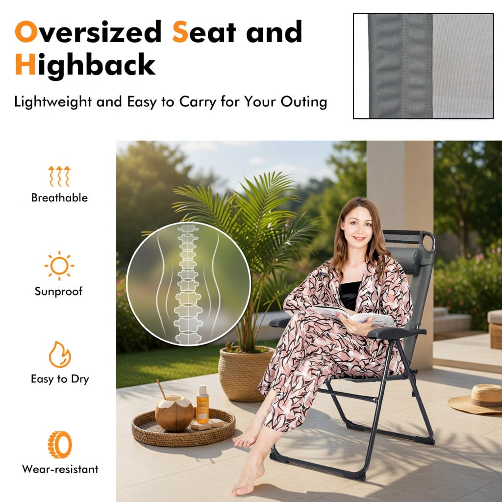 Hommoo 2-Pack Outdoor Adjustable Folding Recliner Chairs, 7-Position Backrest, Steel Frame & Breathable Oxford Fabric, Heavy-Duty Patio, Camping & Poolside Seating, Gray