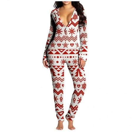 

Women s Sexy Button Back Flap Christmas Jumpsuit Rompers Pajamas Onesies Long Sleeve Bodysuit Sleepwear One Piece Outfit