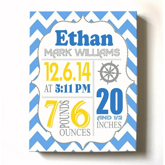 Personalized Canvas Birth Announcement Nursery Decor Gift, Nautical Design, Custom Name, Date, Weight & Length, Unique Boys & Girls Baby Shower Wall Art Presents, Color Blue, Size - 24X30