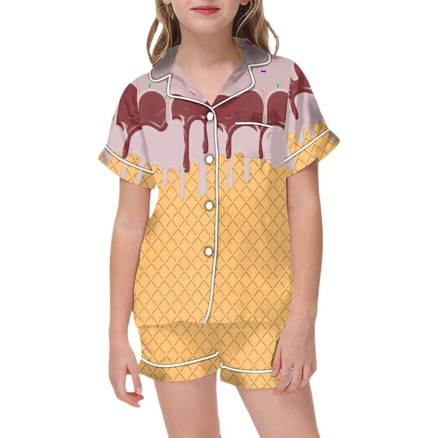 Hiiyo Girls Pajamas Ice-Cream Print Short Sleeve Button Shirt Shorts Sleepwear Set