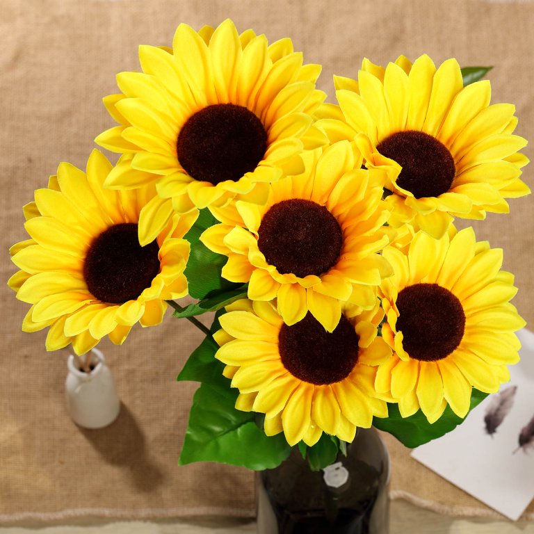 4 Bunches Yellow Sunflowers Artificial Flowers Mini Fake Sunflowers Bouquet with Stems for Home Decoration Indoor Outdoor Party DIY Wedding Bouquets