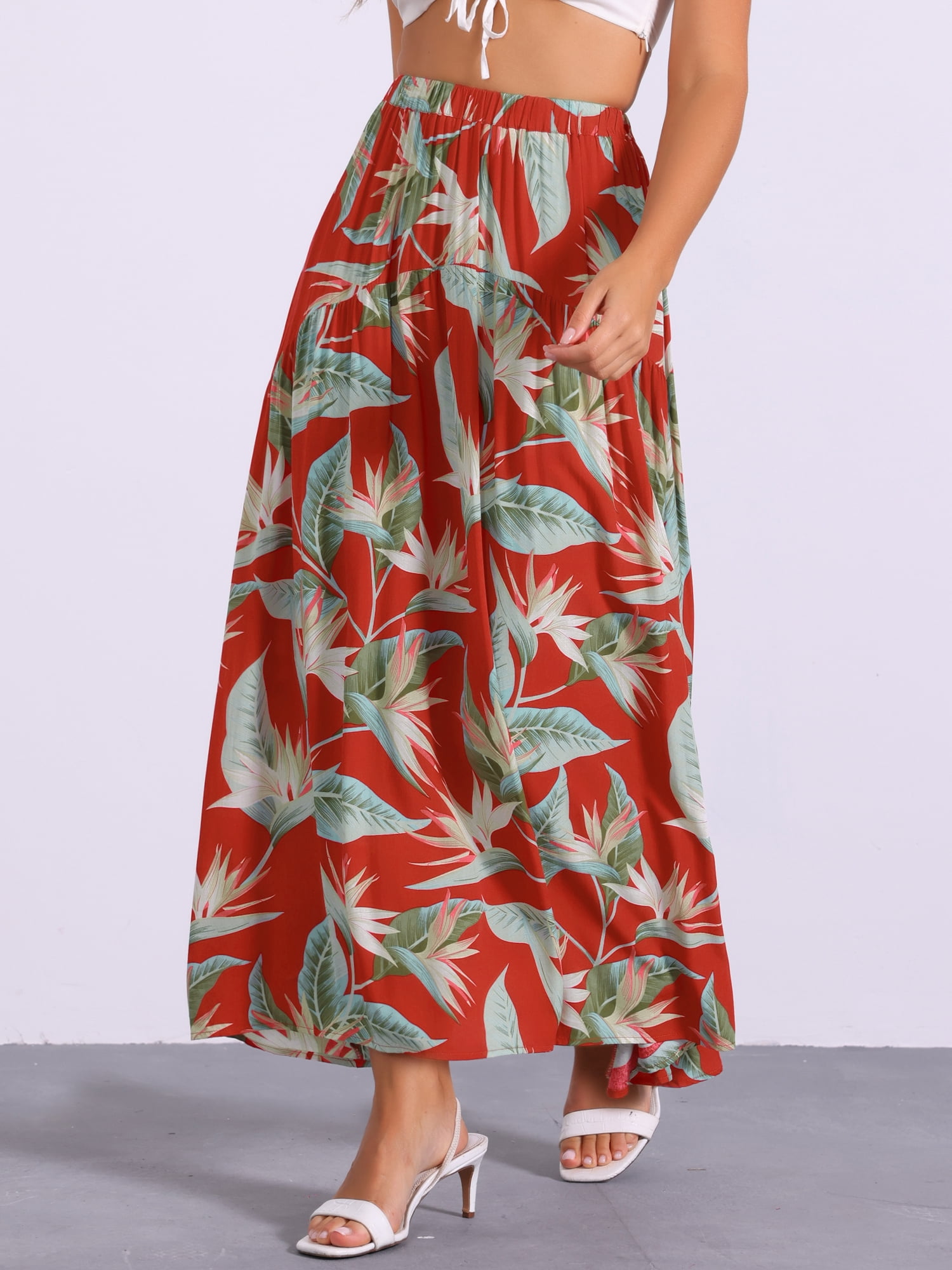 DARING DIVA Women's Floral Printing Elastic Bohemian Beach Maxi Skirts S Red