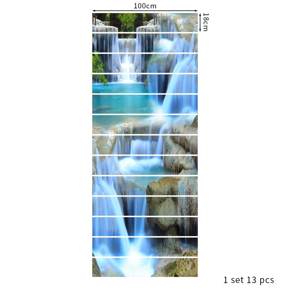 3D Stair Stickers - Landscape wall stickers steps decorative stickers, Removable Tile Decals for Stair Risers - Peel and Stick, Waterfall Design, 39.3Inch x 7.08Inch x 13Pcs