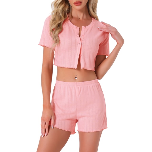 Conjuntos de pijama para mujeres INSPIRE CHIC de manga corta, parte superior de punto con botones y pantalones cortos, ropa de estar en casa de 2 piezas Y2K, XS, rosa