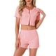 thumbnail image 1 of Conjuntos de pijama para mujeres INSPIRE CHIC de manga corta, parte superior de punto con botones y pantalones cortos, ropa de estar en casa de 2 piezas Y2K, XS, rosa, 1 of 6