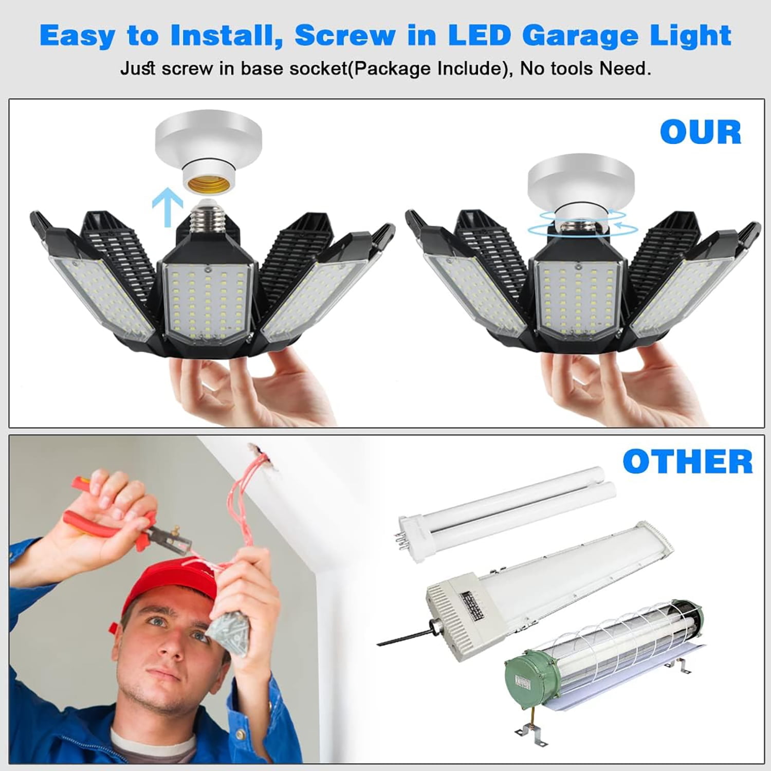 PANGOLIN LED Garage Lights, Super Bright 20000LM 200W LED Garage Ceiling Light, 6500K LED Shop Light, W/8 Deformable Panels Screw in E26/E27 Socket LED Bulbs for Workshop Storage Warehouse Atti