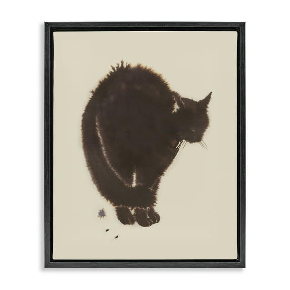 Stupell Industries Minimal Cat on Beige Animals Painting Black Floater Framed Canvas Art Print Wall Art, 17 x 21