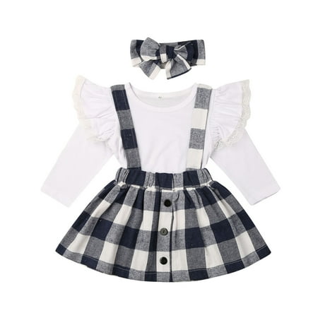 

TheFound 3PCS Infant Toddler Baby Girls Long Sleeve Lace Tops Plaids Bib Dress Outfits Party Clothes