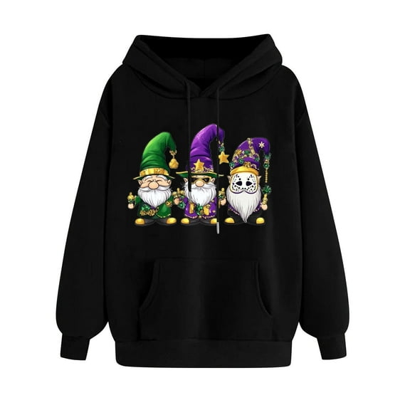 SwiftWear Mardi Gras Hoodies for Women Fun Gift Idea Women Cute Graphic Hooded Sweatshirt with Kangaroo Pocket Black