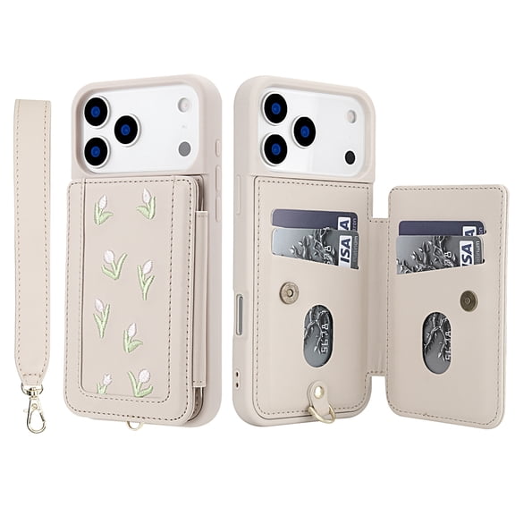 for iPhone 17 Pro Women Weave Flower Pattern Wallet Case, Fashion Premium PU Leather Card Slots Kickstand Adjustable Lanyard Crossbody Strap Shockproof Protective Flip Case Cover, White