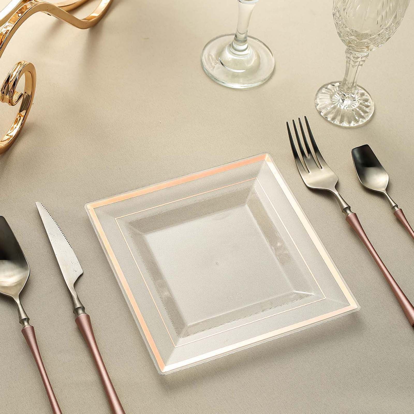 7" Clear Square Dessert Appetizer Plates with Gold Trim Wedding Party Disposable 