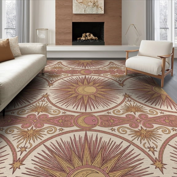 ODIKA 8'x10' Washable Area Rug Non-Slip Chair-Friendly Mat Antique Gold Dusty Rose Cottagecore Decorative Balanced Motifs for Dining Room, Large Office, Lounge