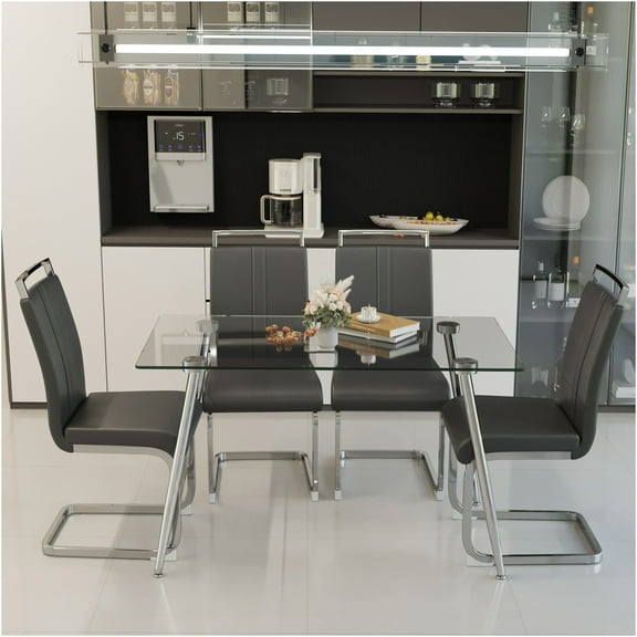 JERFIT 4-Piece Modern Glass Dining Table Set with Silver Metal Legs and PU Leather Upholstered Chairs for Kitchen Dining Room