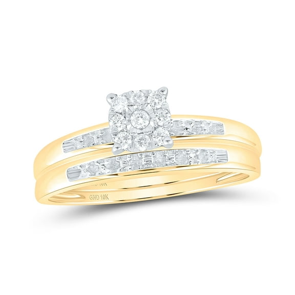 10K Yellow Gold His Hers Round Dia. Cluster Matching Wedding Set 1/10ctw, Women's Size: 5-10, Men's Size: 7-13