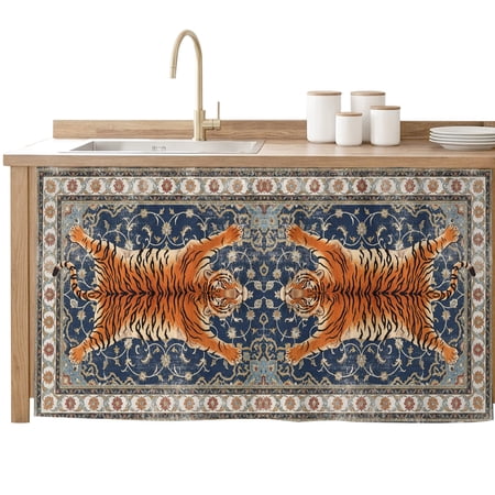 Cabinet Curtain Striking Tiger Kitchen Shelf Curtain Desk Under Sink Curtain Skirt Privacy Drape Cover Navy Blue Bohemian Flower Animal Print Cabinet Curtains for Kitchen Laundry Room 32x55 Inch