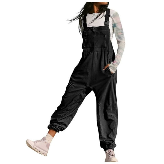 Women Fashion Solid Work Overalls with Pockets - Casual Leggings Jumpsuits, Polyester, S-XXL, Elastic Waist, for Summer/Outdoor Activities