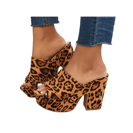 

Woobling Women Block Heel Sandal Slip On High Heels Lug Sole Heeled Sandals Laides Mules Non-Slip Casual Shoes Backless Leopard Print Dark Brown 5