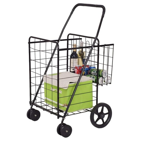Black Folding Shopping Cart, Mobile Fold Shop Basket with Dual Swivel Wheels Portable Rolling Trolley Push Cart