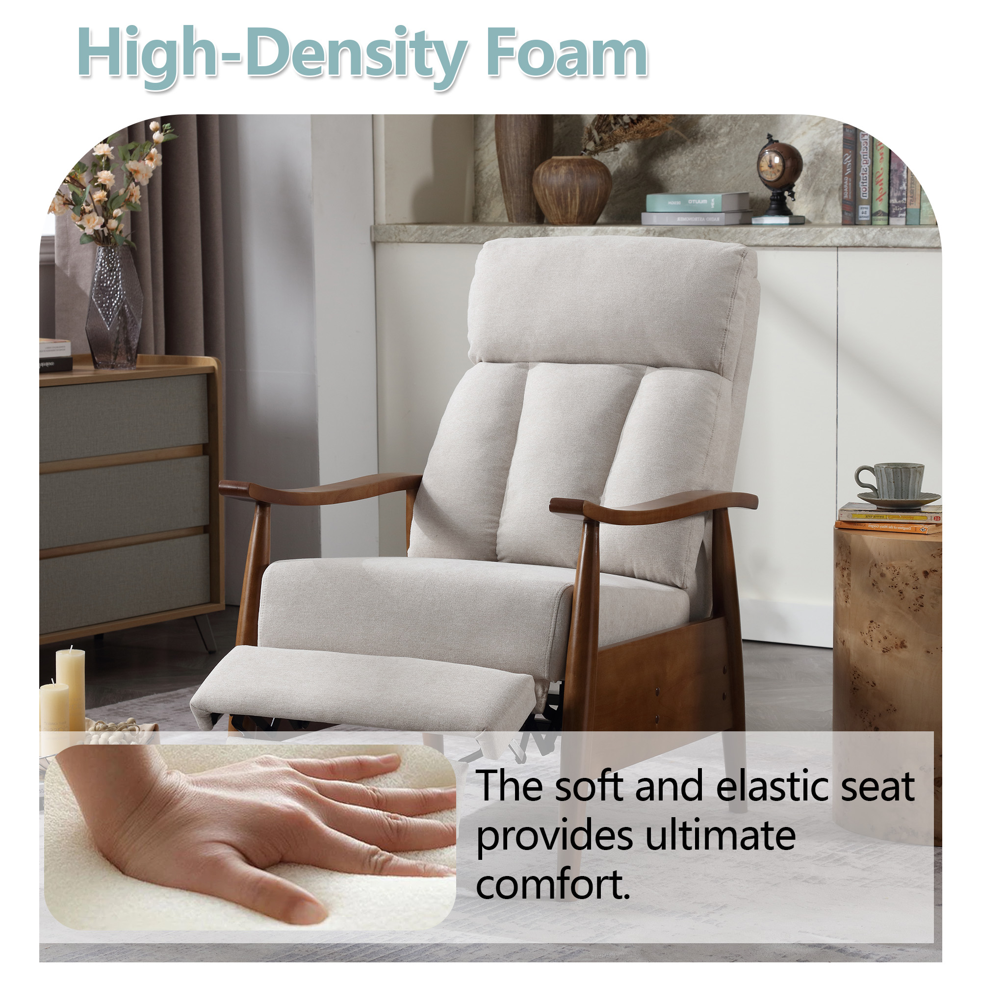 MOONMISS Linen Upholstered Wood Frame Adjustable Recliner Lounge Armchair for Living Room-Beige