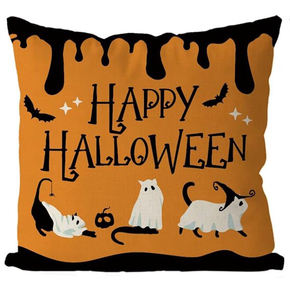 Halloween Pillow Covers 18x18 Inch, Decorative Throw Pillow Case with Black Cat Design, Farmhouse Couch Cushion Cover for Indoor Outdoor Home Sofa Decor