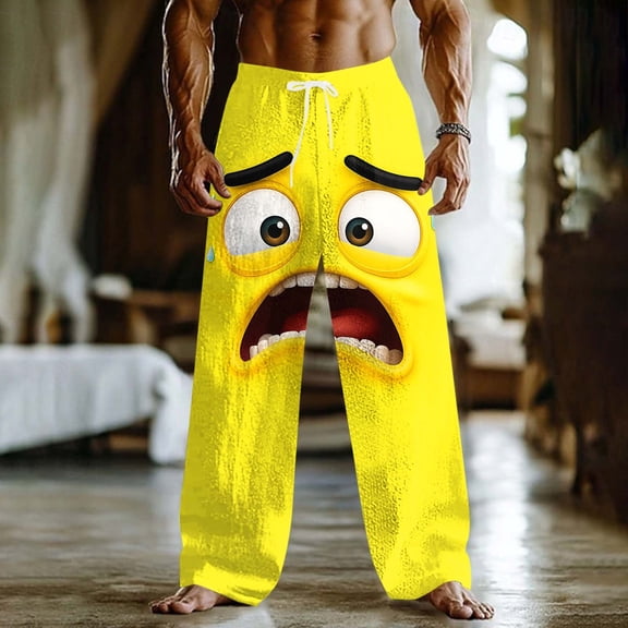 UVEASISHA Mens Summer Beach Pants Cute 3D Cartoon Smile Face Graphic Pajama Pants Big and Tall Drawstring Elastic Waist Lounge Pants Loose Straight Trousers with Pockets Multicolor L