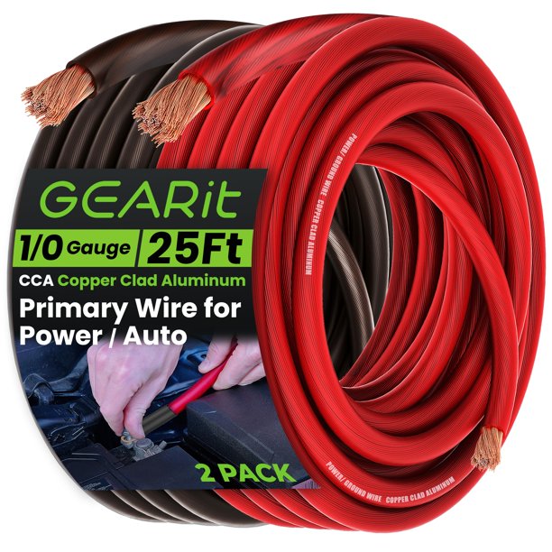 Juego de cables de alimentación/tierra GearIt calibre 1/0, 25 pies CCA, negro/rojo