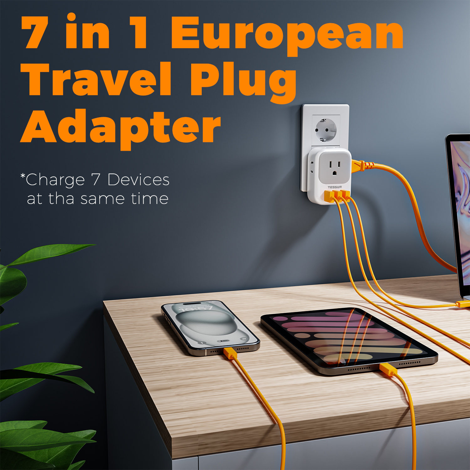 European Travel Plug Adapter 4 AC Outlets with 3 USB,EU Power Plug Adaptor for US to Most of Europe Italy, Spain, Switzerland, France, Greece, Iceland, Germany