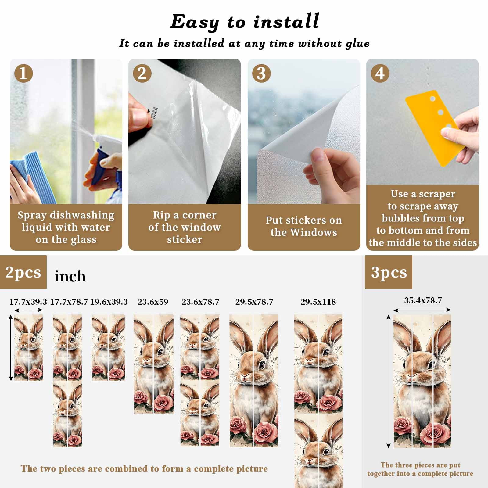 Egg Bunny Window Privacy Film, Retro Rose Frosted Glass Window Clings Static Cling UV Heat Blocking Reusable Door Sticker for Bathroom 23.6 x 59 Inch
