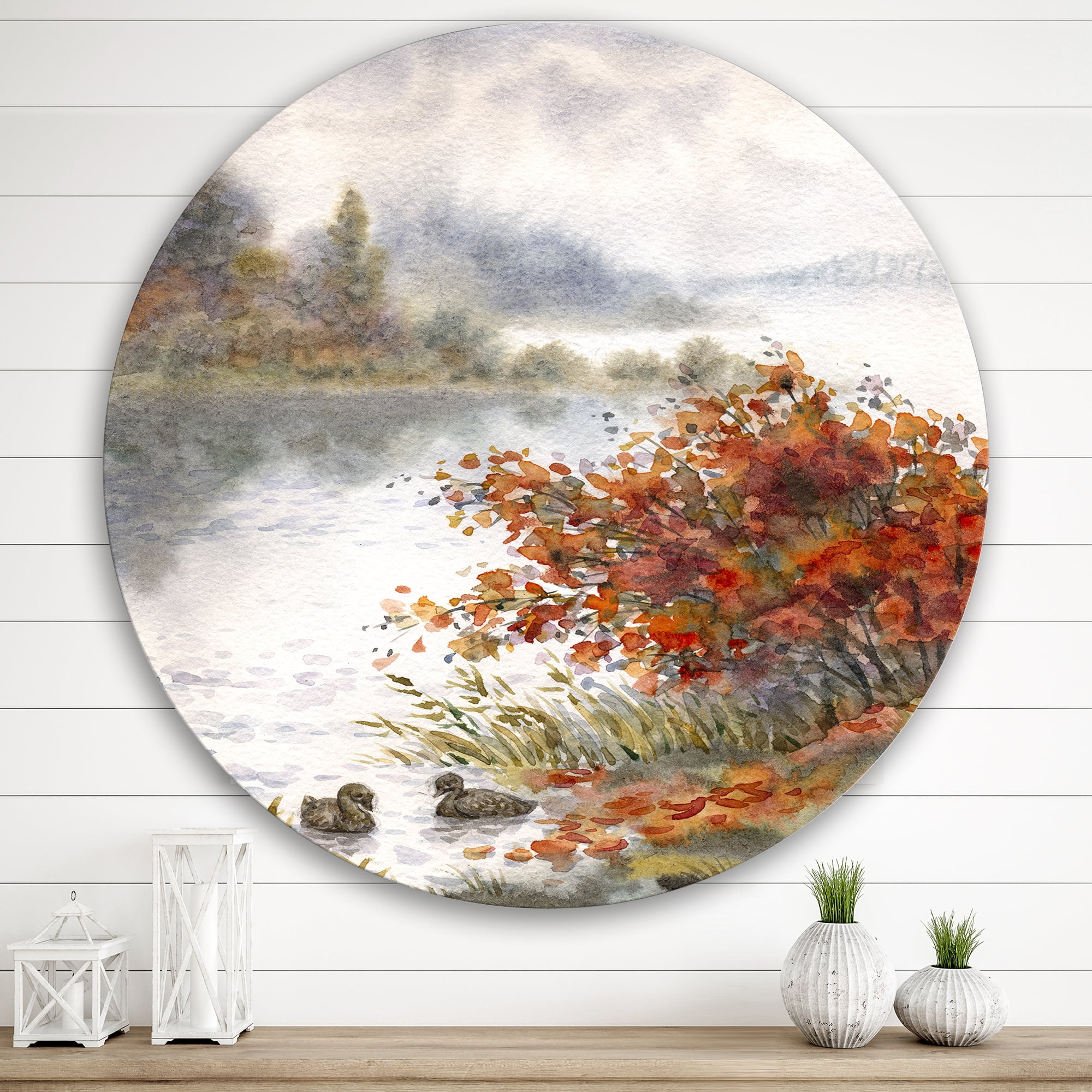 Designart 'View Of The Lake In Autumn Colored' Traditional Circle Metal Wall Art 29x29 - Disc of 29