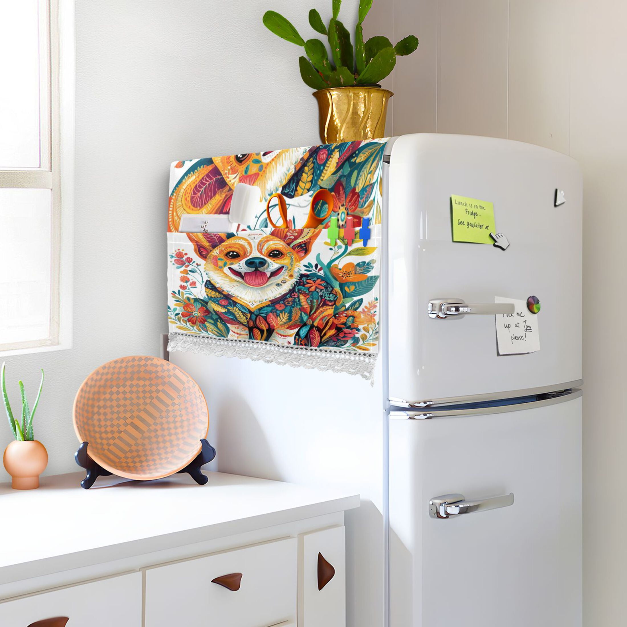 Smiling Corgi DogWasher and Dryer Covers Dust-Proof and Oil Resistant Fridge Cover with 4 Storage Pockets Washing Machine Top Cover for Laundry Kitchen Home 51.2 x 22 In