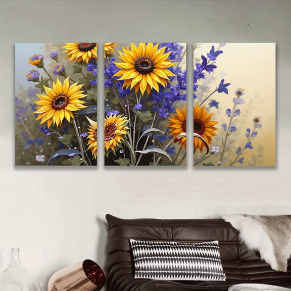 3pcs Sunflower Canvas Art Prints - Vibrant Yellow & Blue Floral Design, Frameless Wall Decor for Living Room, Office, Bar, Party & Holiday Gifts, Indoor Use Only, Party Wall Decor | Vibrant Sunflowe