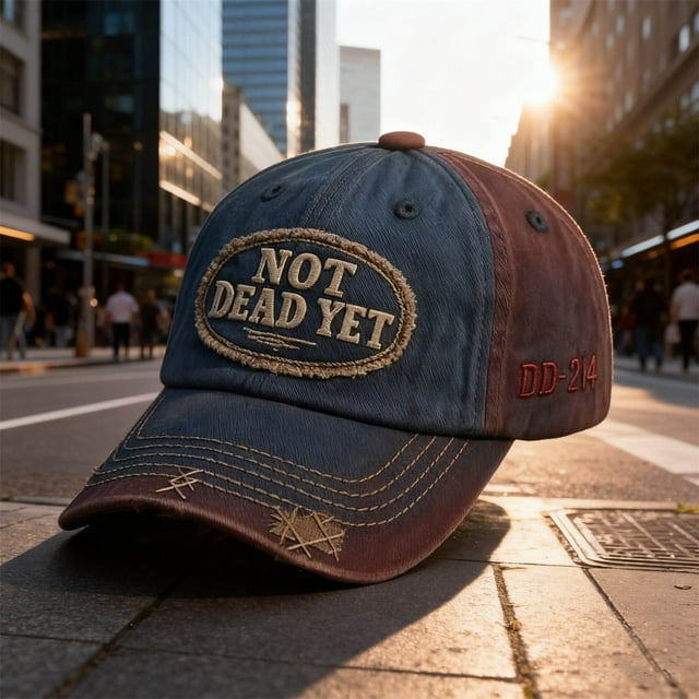 Gorra informal para veteranos | Gorra de béisbol vintage azul granate desgastada | Parche bordado "NO DEAD YET" | Correa ajustable con hebilla metálica | Estilo militar resistente y duradero para