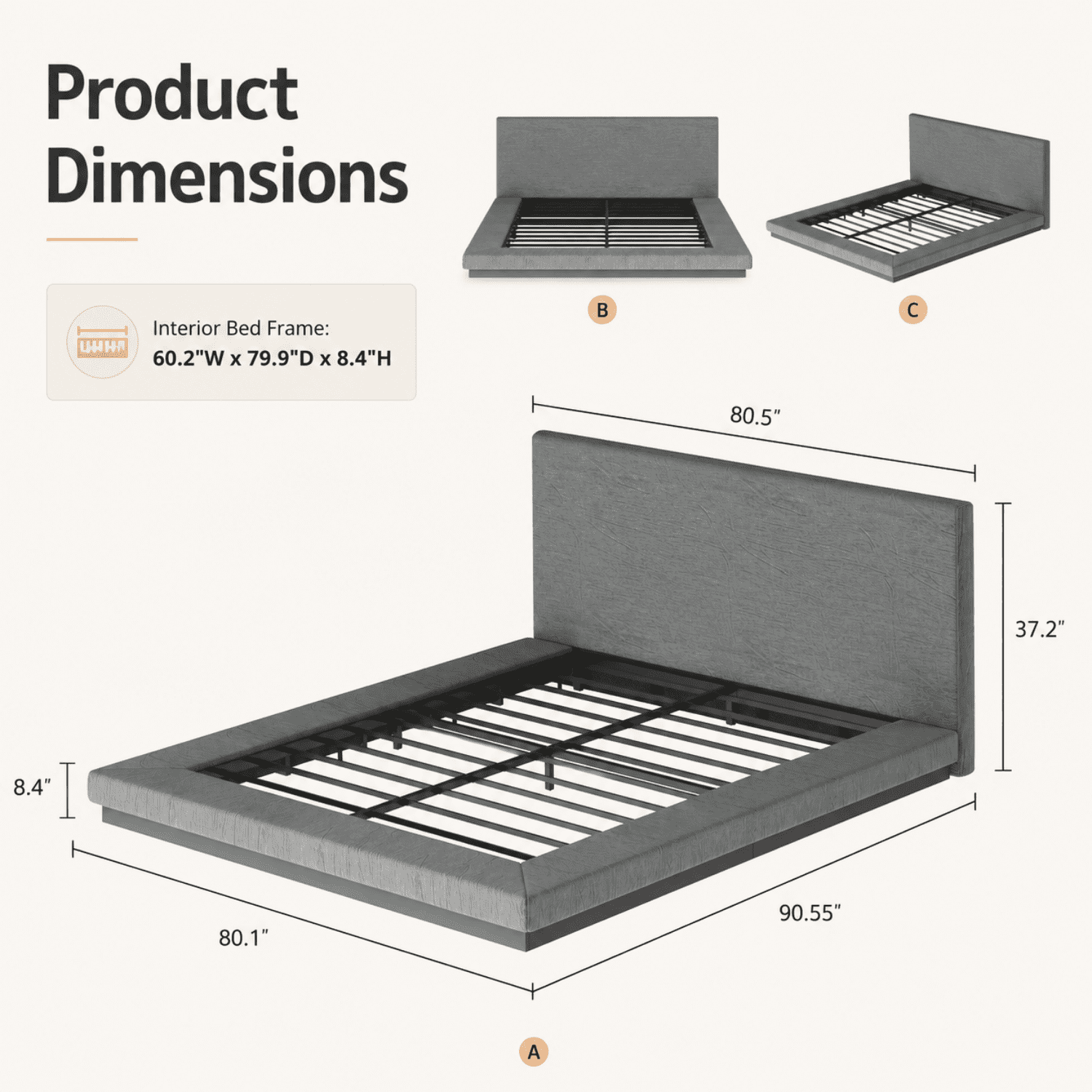 Miniyam Queen Modern Upholstered Platform Bed Frame with Padded Headboard, Floating Style Bed with Metal Slat Support, Gray
