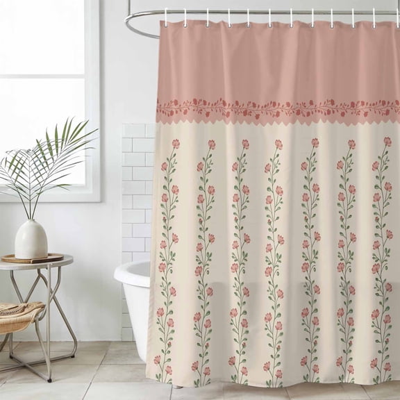 Spring Pink Floral Small Stall Shower Curtain, Waterproof Shower Curtains for Bathroom, Vintage Farmhouse Flowers Art Washable Fabric Cloth Bath Curtain for Bathtub Decoration with Hooks 36x72 Inches