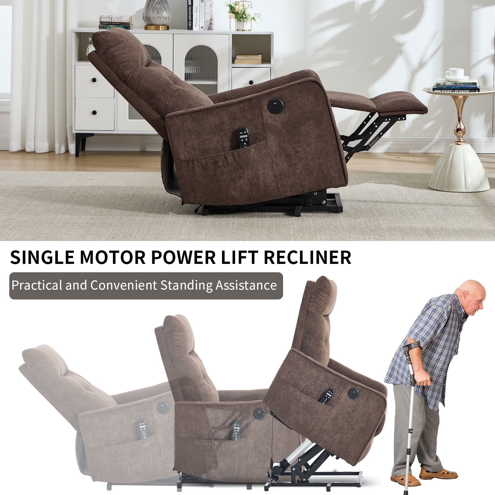 MAYEERTY Chenille Power Lift Recliner Chair for Elderly, Single Motor Electric Lift Chair with 8-Point Massage & Lumbar Heat, USB Charging Port, for Living Room Bedroom