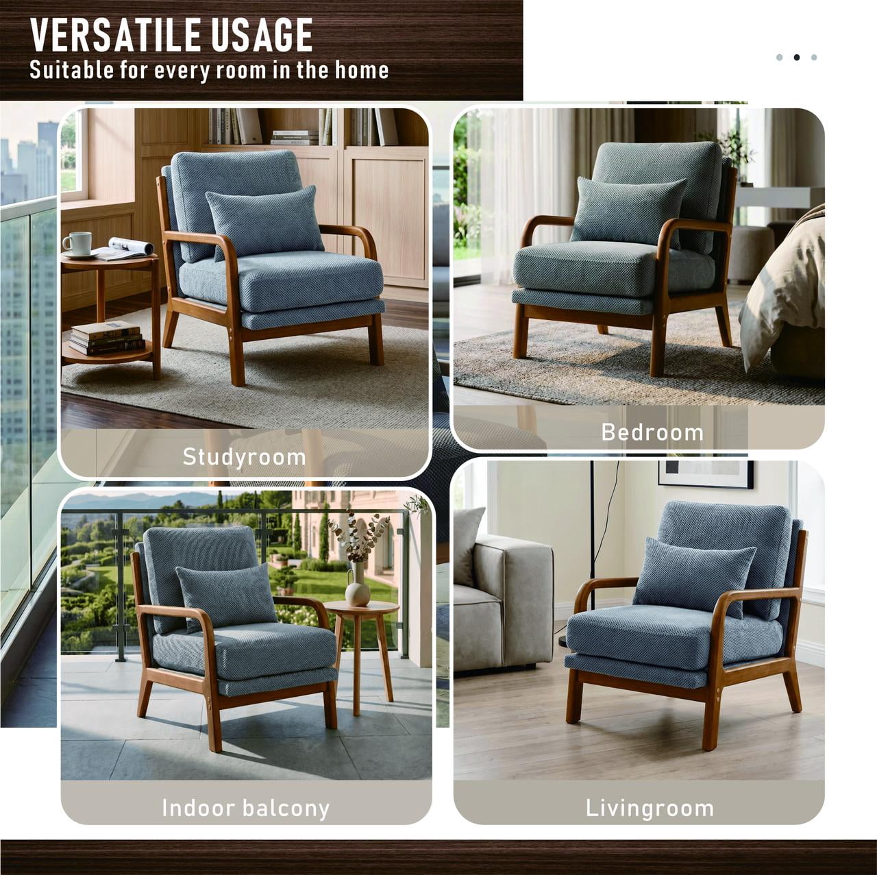 Homy Casa Mid-Century Modern Accent Chair, Textured Fabric Reading Armchair with Wood Frame, Gray