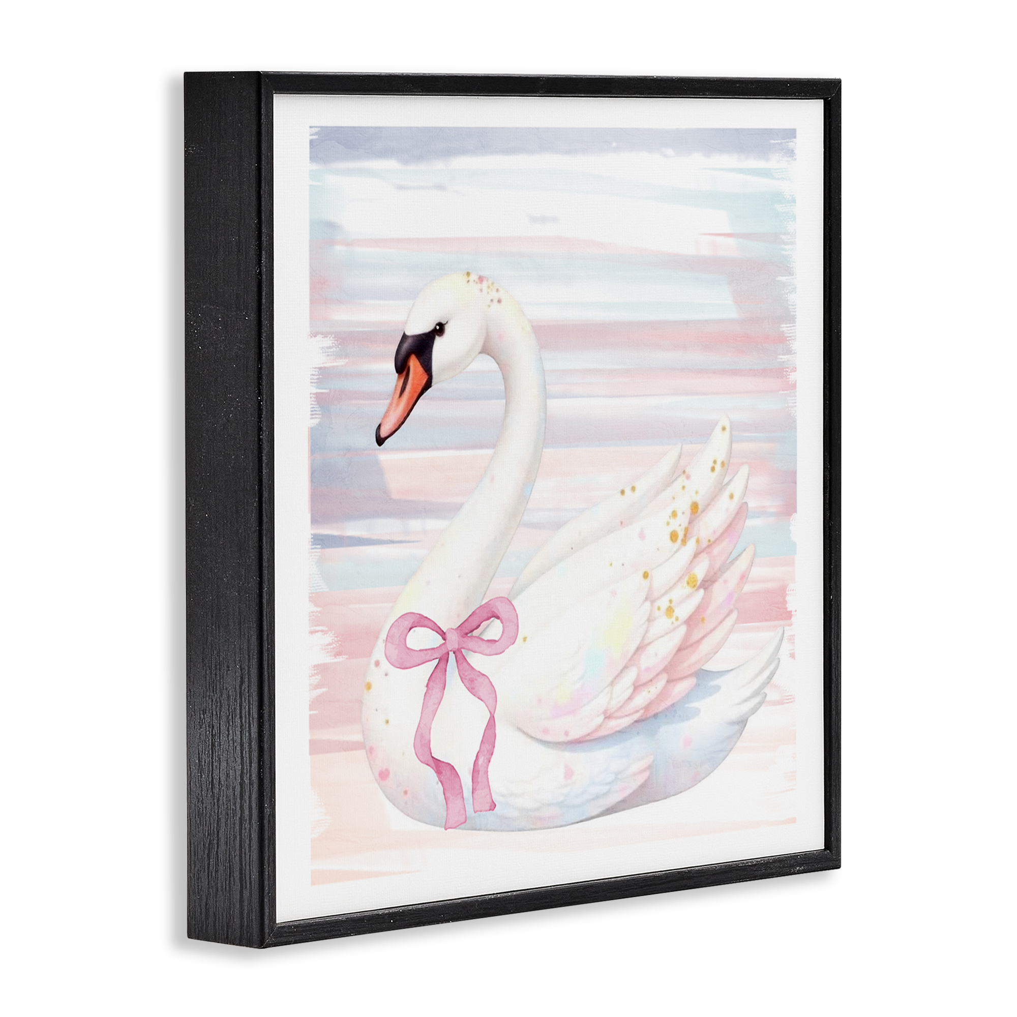 Pastel Swan with Ribbon Black Framed Giclee Art, design by Kim Allen