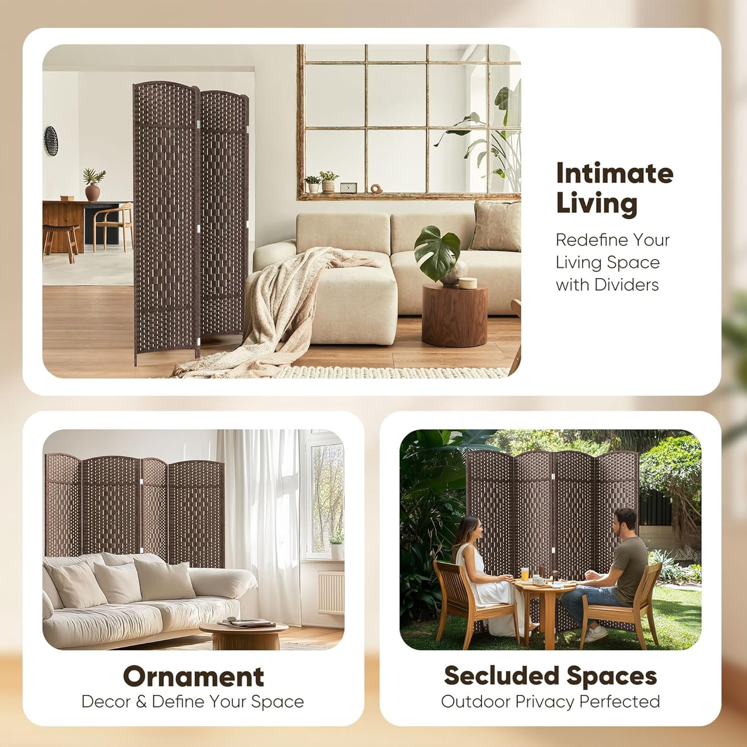 Jostyle 6ft Tall Room Divider with Hand-Woven Design, 4-Panel Folding Privacy Screen Freestanding Mocha