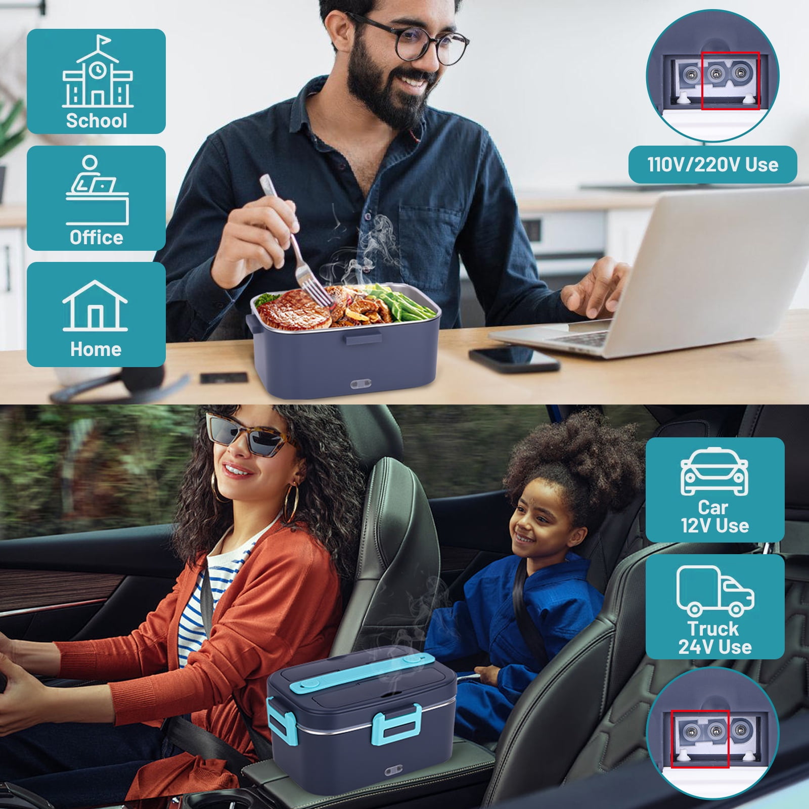 Electric Lunch Box Food Heater, 80W Heated Lunchbox for Adults, Portable Food Warmer with 1.8L Stainless Steel Container/Fork/Spoon for Car Office School, 2 Compartments with Carry Bag 12V-24V 110V