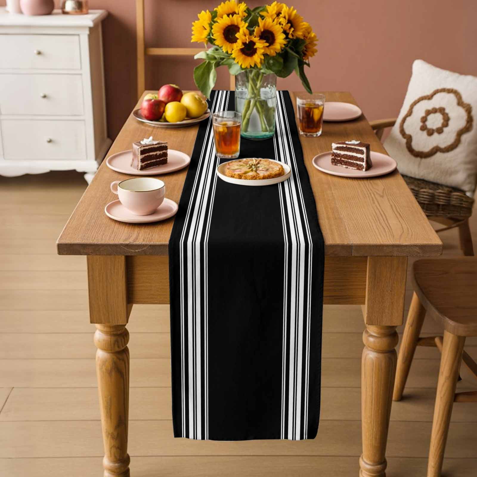 Black Striped Table Runner, Farmhouse Black White Stripes Washable Cotton Linen Table Runners 120 Inches Long, Dresser Scarf Runner for Dining/Living Room/Kitchen/Square Tables 13''x120''