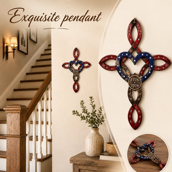 Cross Wall Decor, Wall Hanging Decor, Americana Home Decor, Flag Day Decorations, 8X4 Inch Rustic Wooden Heart Accent Patriotic Cross Craft Hanging for Indoor Wall Mount Decor