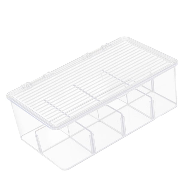 simhoa Divided Kitchen Organizer Bin tea Storage Box for Fridge Window Kitchen with Lid. A clear, rectangular ABS storage container featuring a ridged lid and four compartments for organizing tea bags, snacks, or spices. Dimensions with lid: 10.9 inches x 6.25 inches x 3.7 inches. Ideal for kitchen cabinets, pantries, or countertops.