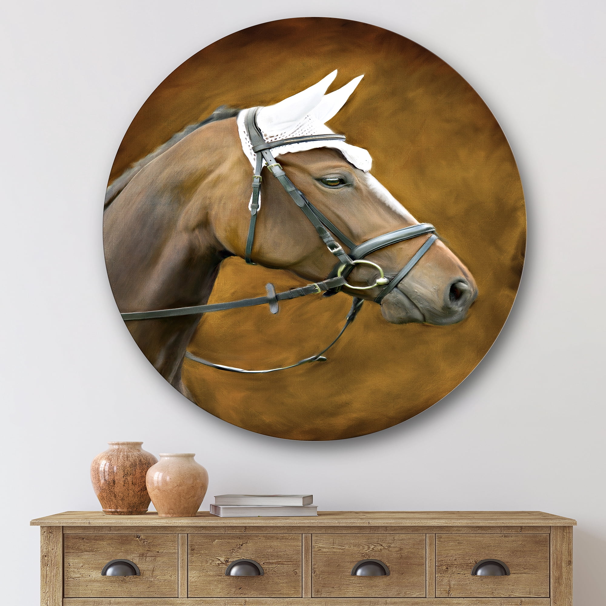 Designart 'Close Up Portrait Of Brown Horse With White Ears' Farmhouse Circle Metal Wall Art 36x36 - Disc of 36