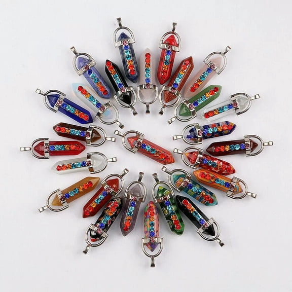 HOOUN 30pcs Mixed Natural Stone Hexagonal Pointed 7 Color Reiki Chakra Pendant DIY