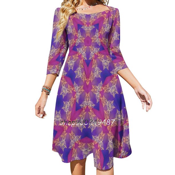 Vestido de verano elegante con cuello cuadrado, estampado de mandala y estrellas, color dorado, rosa y morado, para mujer