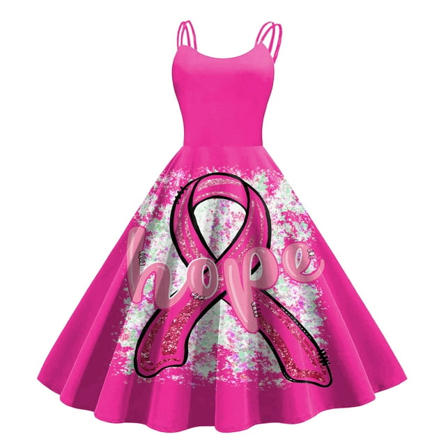 TJAZFJPA Robes d'Invitée de Mariage Femmes Robe Cancer Femmes Robe Cancer Ruban Rose Sensibilisation au Cancer Imprimé Sans Manches Robe des Années 1950 Plus Forte Que le Cancer Robe à Manches Courtes Motifs de Robe pour Femmes Couture
